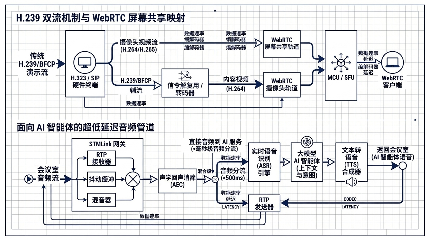 H.239 双流与面向 AI Agent 的超低延迟音频流分流处理时序图